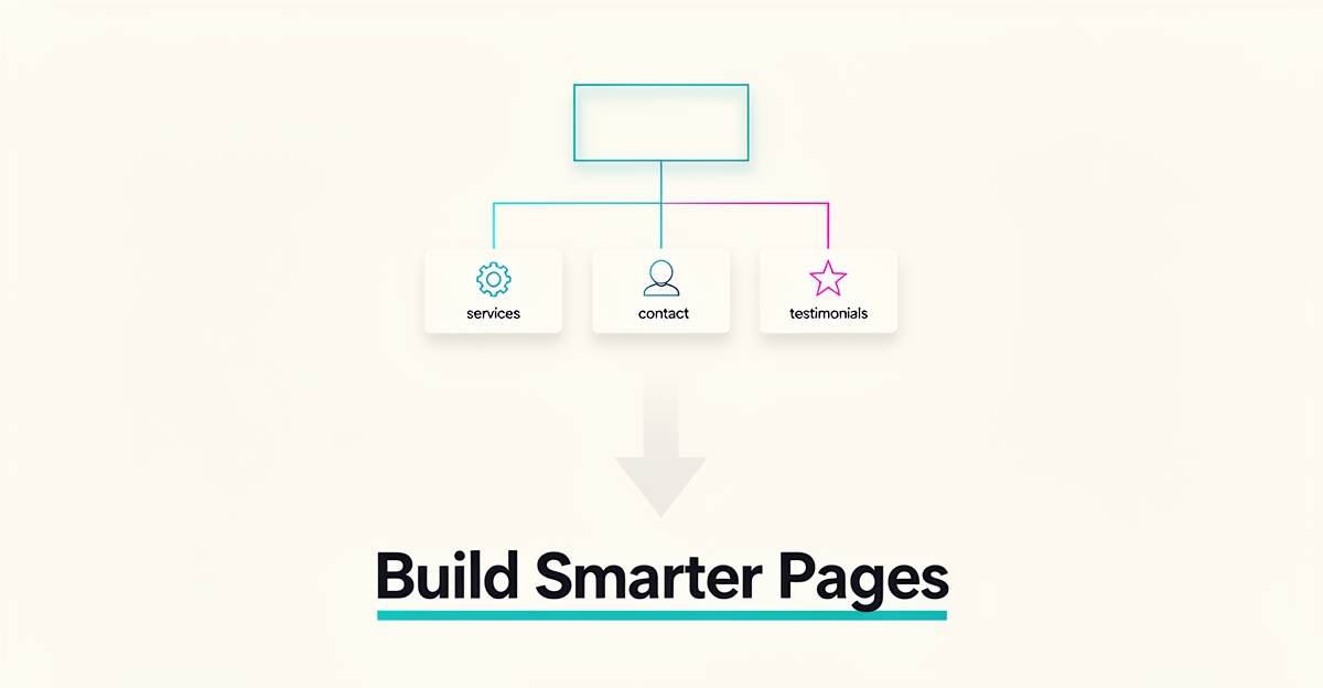 Minimalist flat illustration of a website sitemap showing core pages connected by teal and magenta accents, with headline Build Smarter Pages.