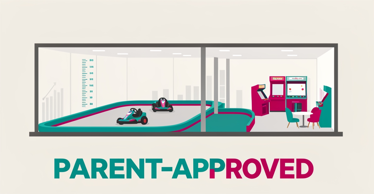 Flat illustration of a family karting facility with electric karts, height markers, and entertainment zones in teal and magenta accents.