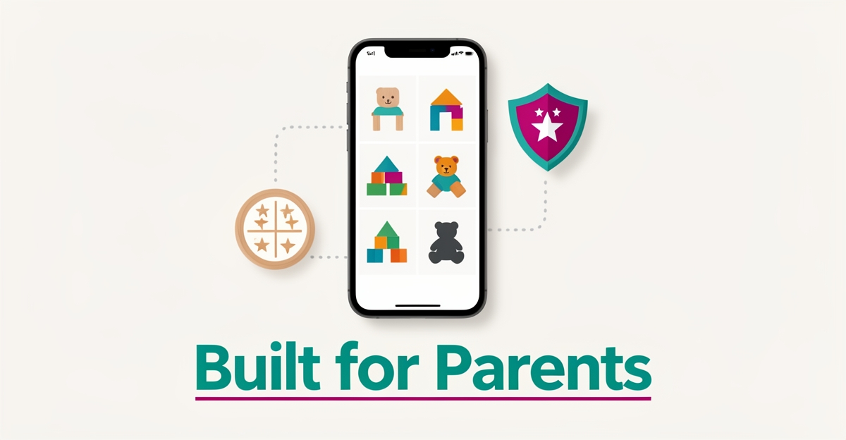 Flat illustration of a smartphone showing an online toy store with safety shield and trust stars, accented in teal and magenta.