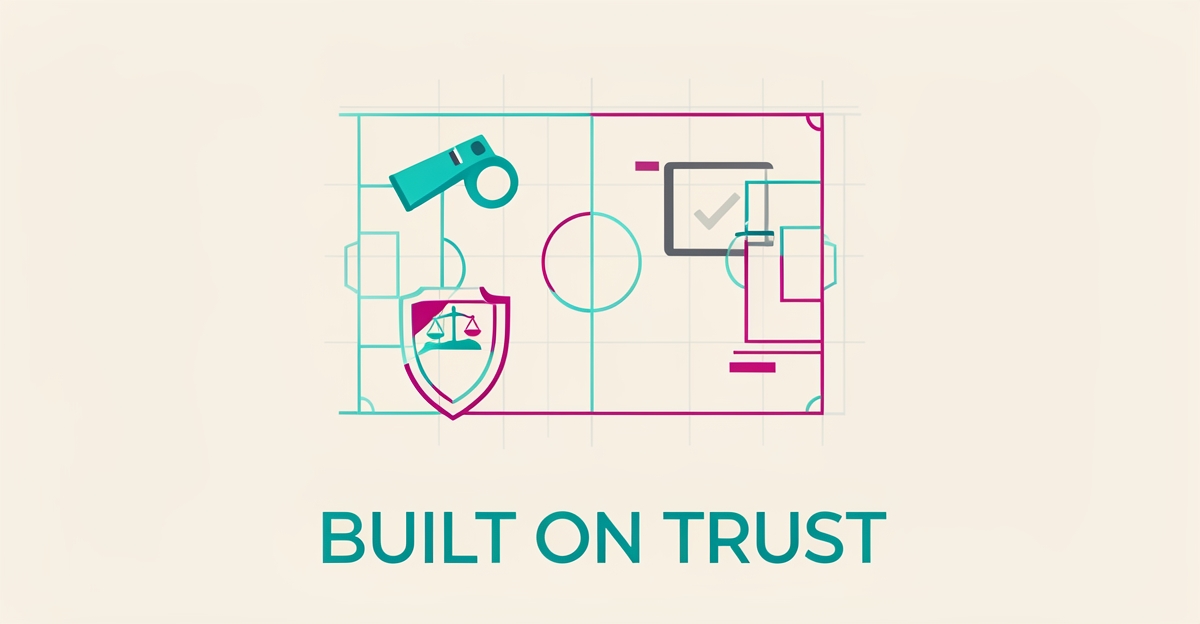Flat illustration of a whistle, tablet, and safety shield symbolizing trust and transparency in youth sports officiating services.