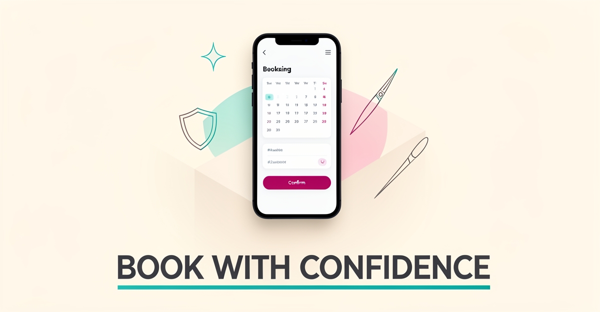 Flat illustration of a smartphone showing a piercing studio booking interface with teal and magenta accents and a bold headline.