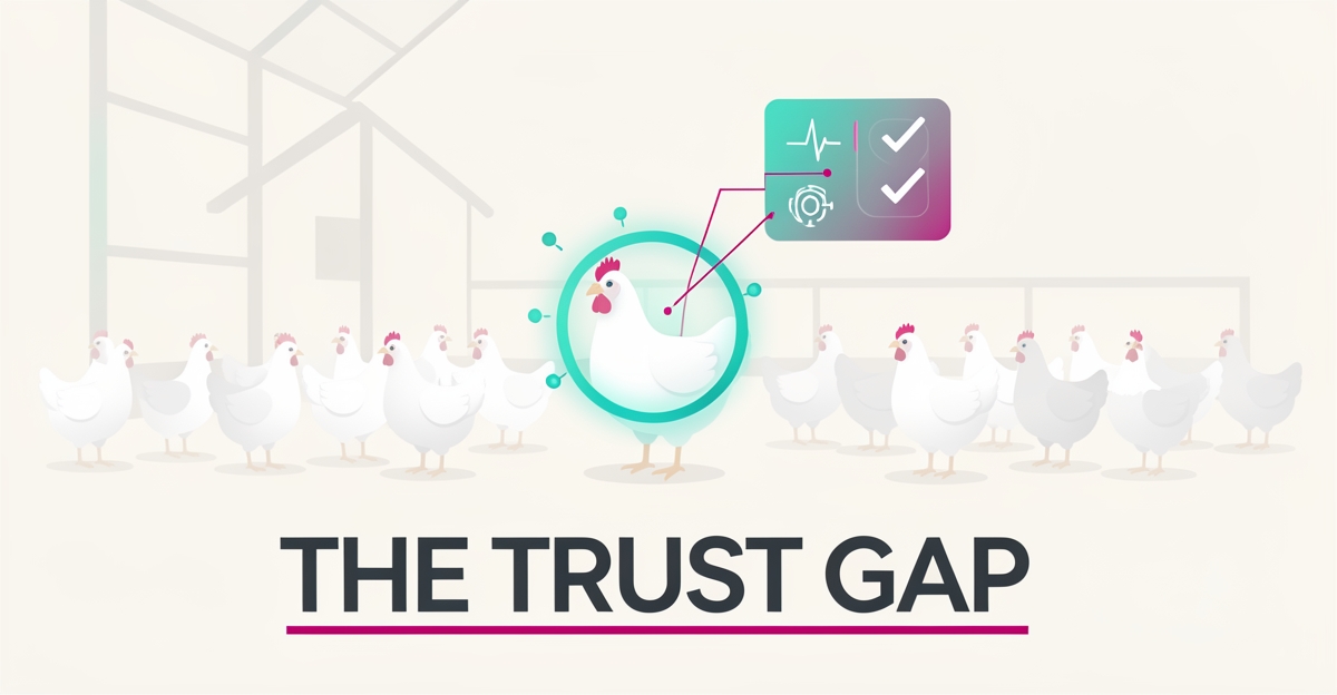 Flat illustration of a poultry barn with an AI health scan highlighting one hen, symbolizing instant disease and safety answers.