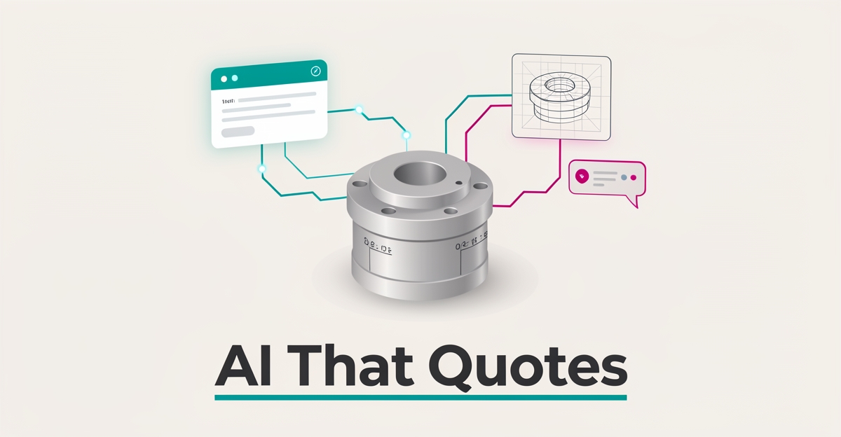 Flat illustration of a CNC machined part linked to AI quoting and CAD interface elements with teal and magenta accents.