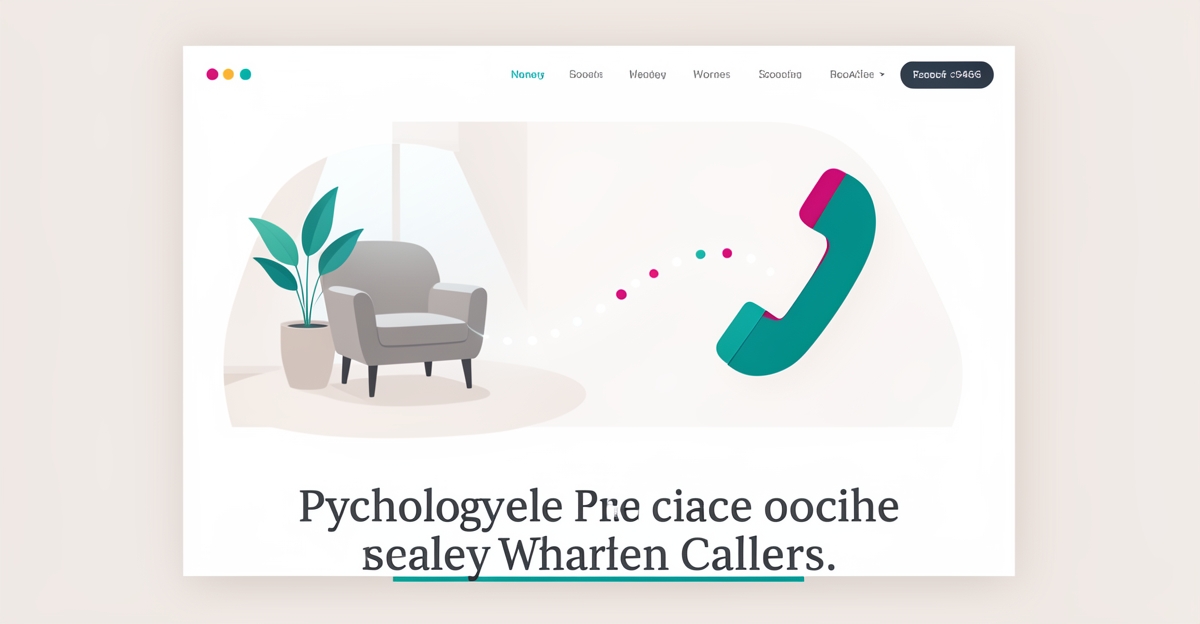 Flat illustration of a psychology website with a glowing path leading to a phone icon, symbolizing converting visitors into callers.
