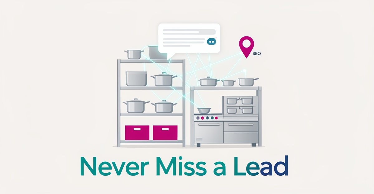 Flat illustration of restaurant supply equipment connected by glowing AI network lines with a 'Never Miss a Lead' headline.