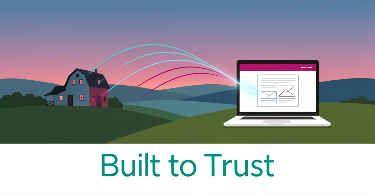 Flat illustration of a rural farmhouse connected to a minimalist laptop by glowing signal lines in teal and magenta, with the headline Built to Trust.