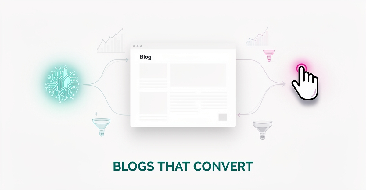 Flat illustration of a blog page connected to AI and human workflow elements, symbolizing a hybrid content system that converts readers into leads.
