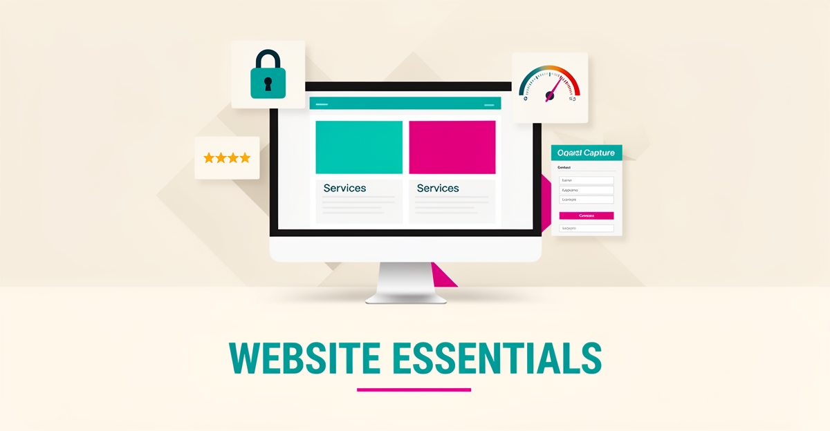 Flat illustration of a website layout on a monitor surrounded by trust, speed, and lead-capture icons with the headline Website Essentials.