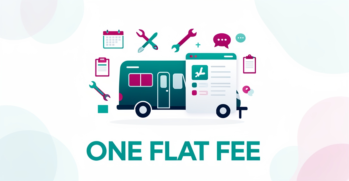 Flat illustration of scattered RV shop tools merging into one all-in-one management dashboard with teal and magenta accents.