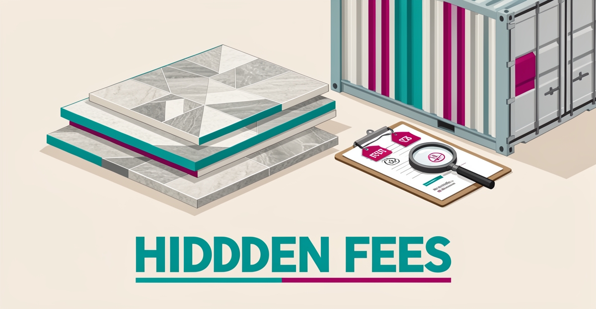 Flat illustration of imported ceramic tiles and a shipping container with a magnifying glass revealing hidden tariff fees, accented in teal and magenta.