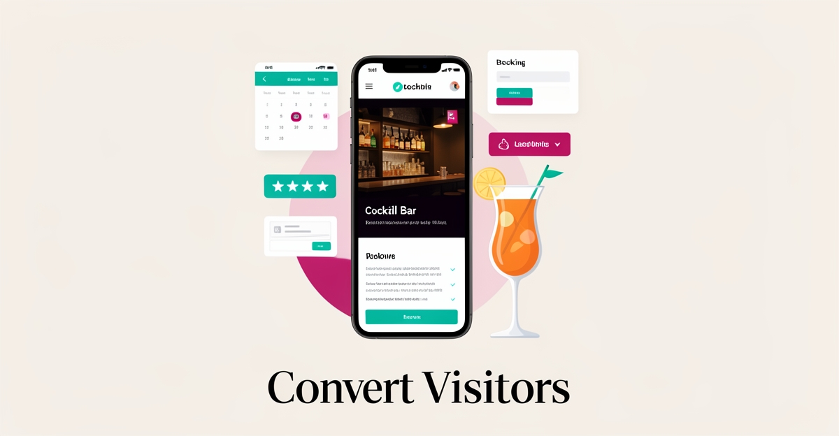 Flat illustration of a smartphone showing a cocktail bar website with booking and trust signal icons in teal and magenta accents.