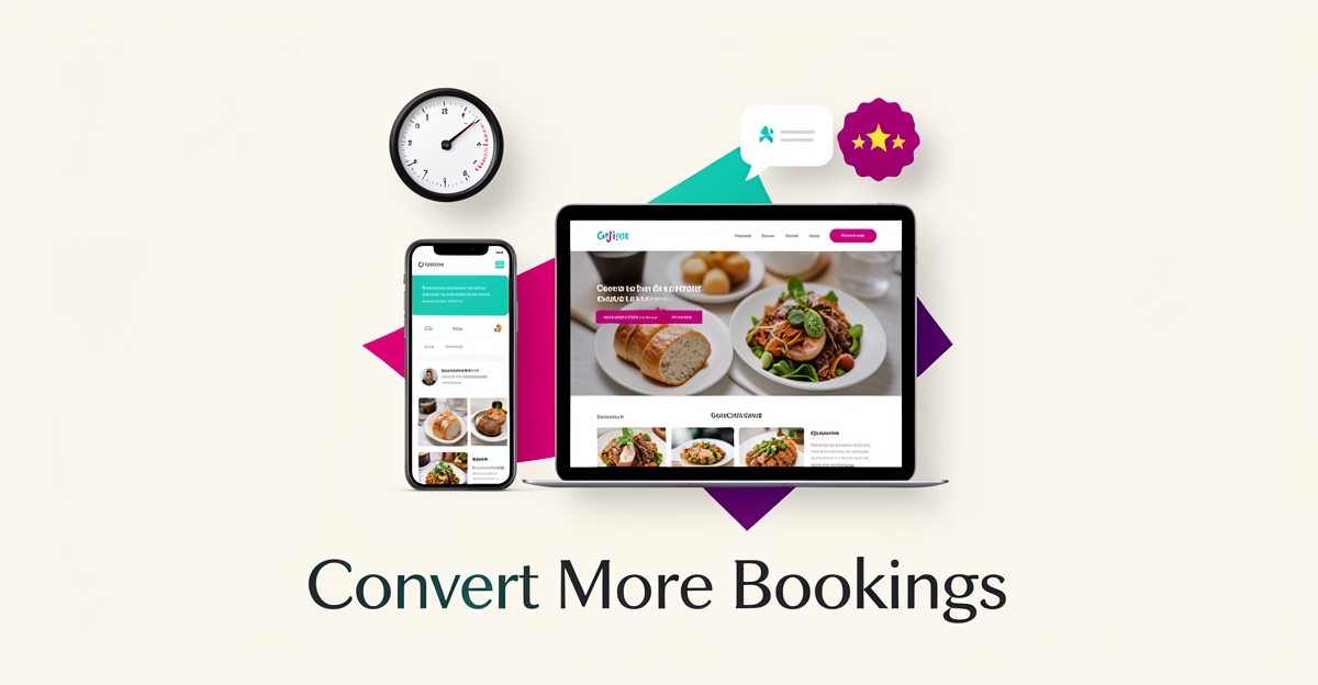 Flat illustration of a mobile-friendly catering website on a tablet and phone with speed, AI chat, and review icons in teal and magenta.