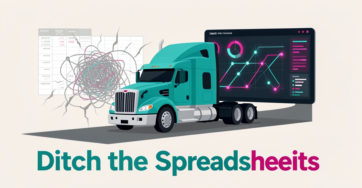 Flat illustration of a semi-truck transitioning from a chaotic spreadsheet into a modern CRM dashboard in teal and magenta, with the headline Ditch the Spreadsheets.