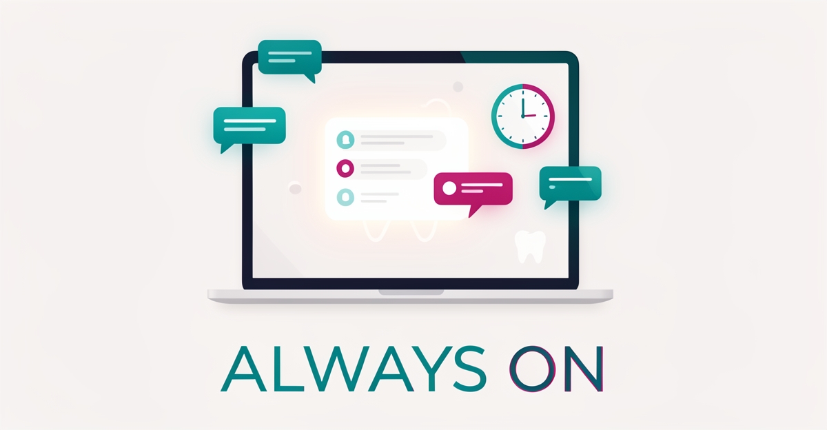 Flat illustration of a dental website chat interface with 24/7 clock icon in teal and magenta accents, headline reading Always On.
