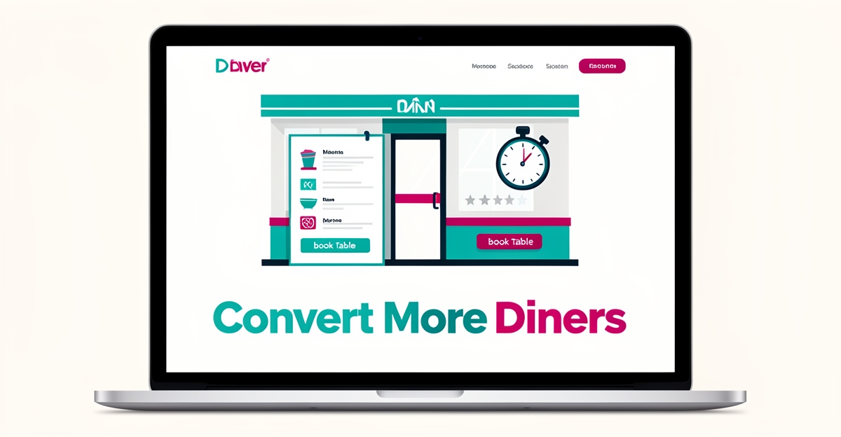 Flat illustration of a fast, conversion-optimized diner website with menu, booking button, and ratings, headline reading Convert More Diners.
