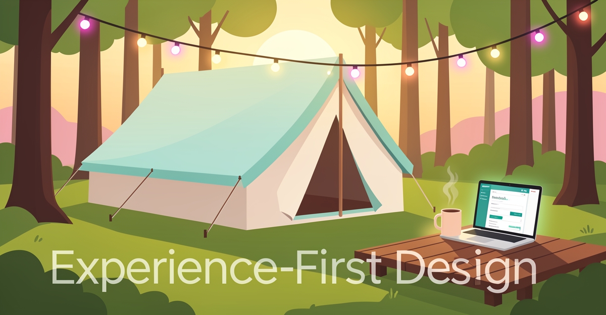 A serene glamping tent in a forest at sunset with soft lighting and a visible booking screen on a laptop, featuring brand-colored accents and the headline 'Experience-First Design' in the lower third.