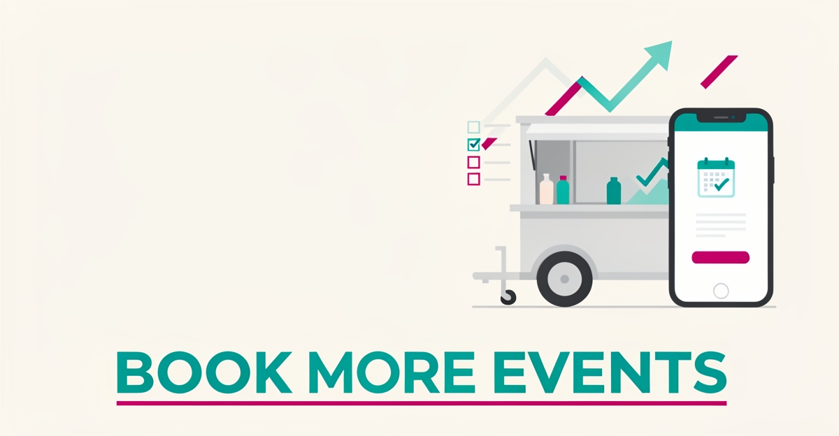 Flat illustration of a mobile bar cart beside a smartphone booking interface with teal and magenta accents and headline Book More Events.