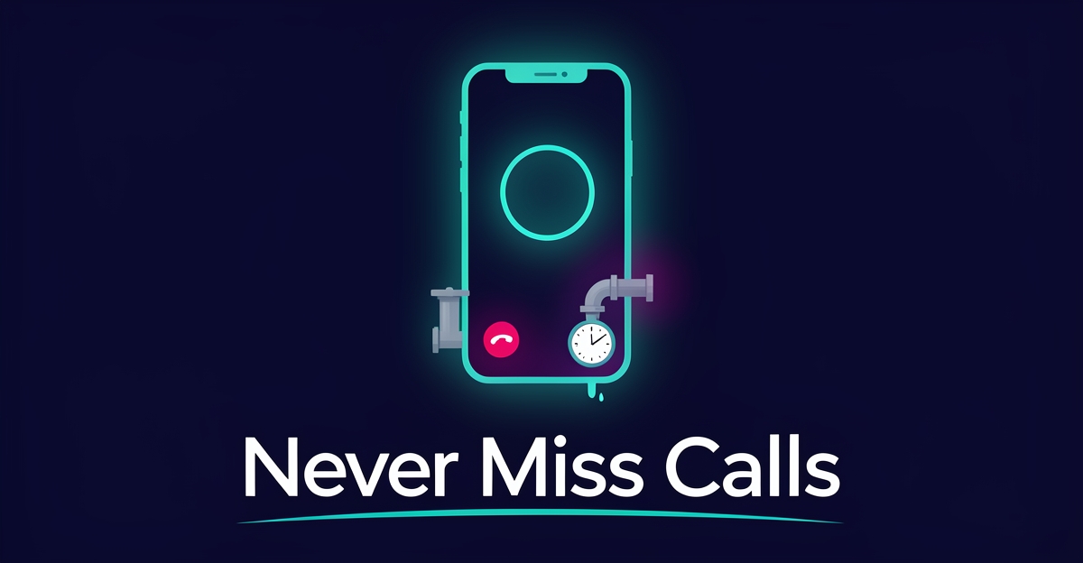 Flat illustration of a glowing smartphone receiving an emergency call beside a leaking pipe, symbolizing 24/7 plumbing call handling.