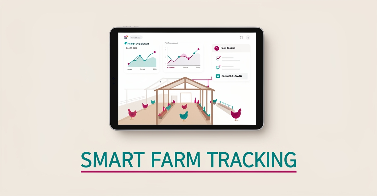 Flat illustration of a poultry farm dashboard tablet with feed and production tracking charts in teal and magenta, headlined Smart Farm Tracking.