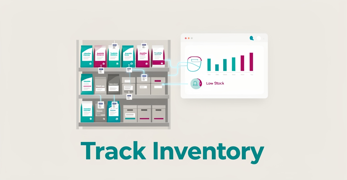 Flat illustration of vet feed store shelves with digital inventory tracking connected to a dashboard, with headline reading Track Inventory.