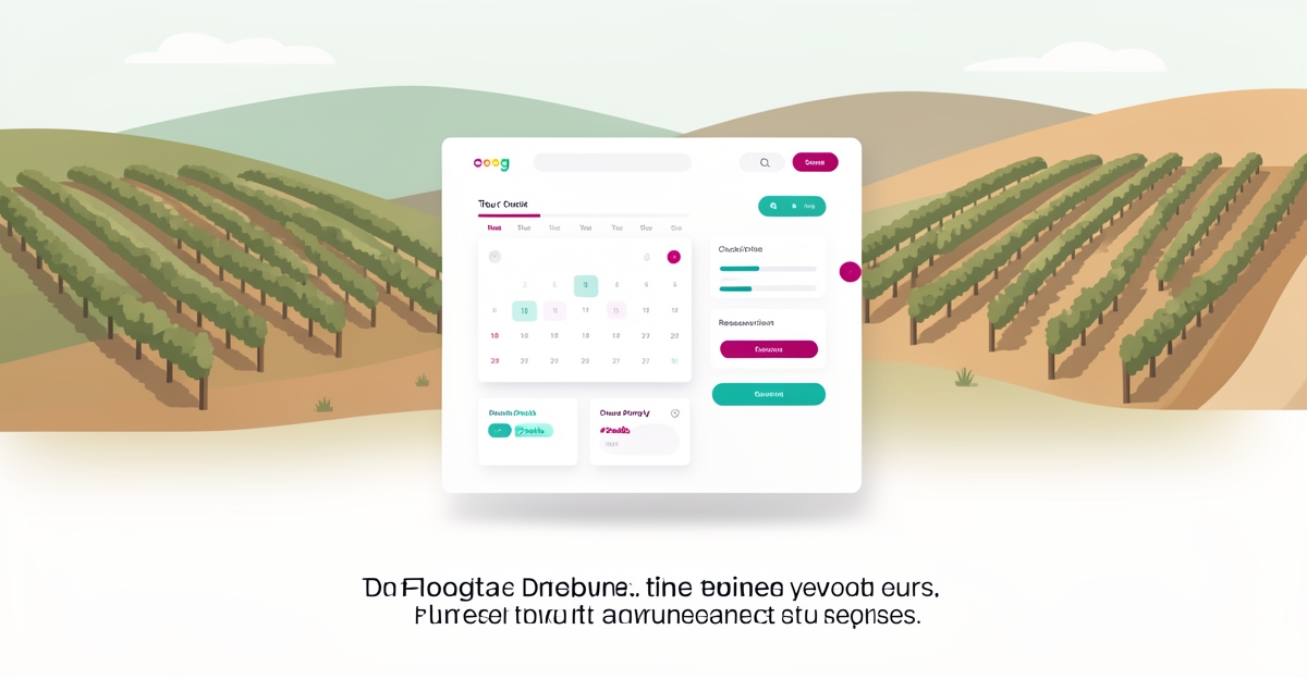 Flat illustration of a vineyard with a booking interface showing tour tracking and reservations for a modern website.