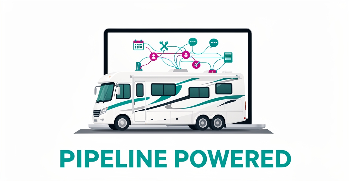 Flat illustration of an RV beside a laptop showing a unified pipeline of scheduling and repair workflow icons in teal and magenta.