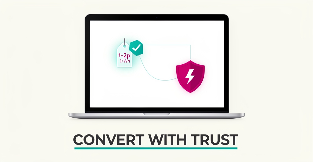 Flat illustration of a laptop dashboard with energy pricing tag, trust shield, and lightning bolt in teal and magenta accents.