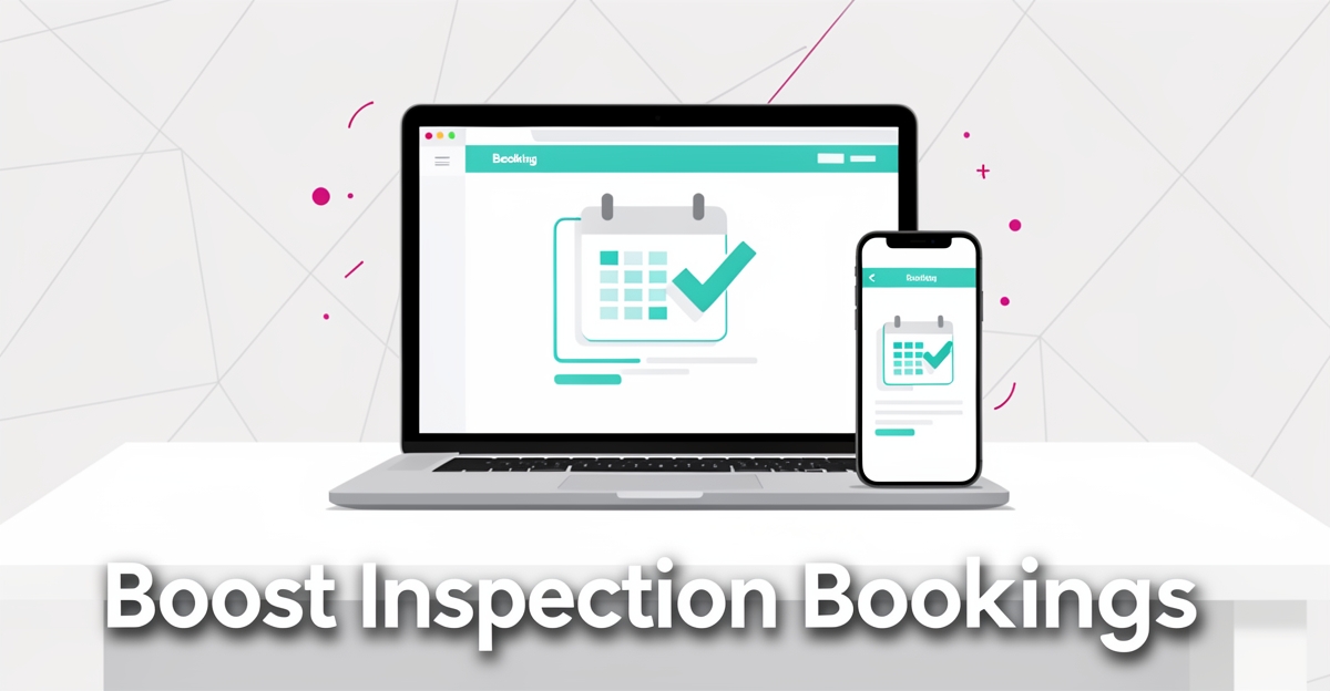 A minimalist flat illustration of a laptop and smartphone showing a booking interface with teal and magenta accents, conveying lead conversion for inspection services.