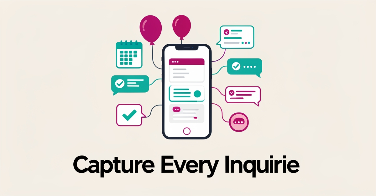 Flat illustration of a smartphone capturing party booking inquiries with balloons, chat bubbles, and CRM icons in teal and magenta accents.