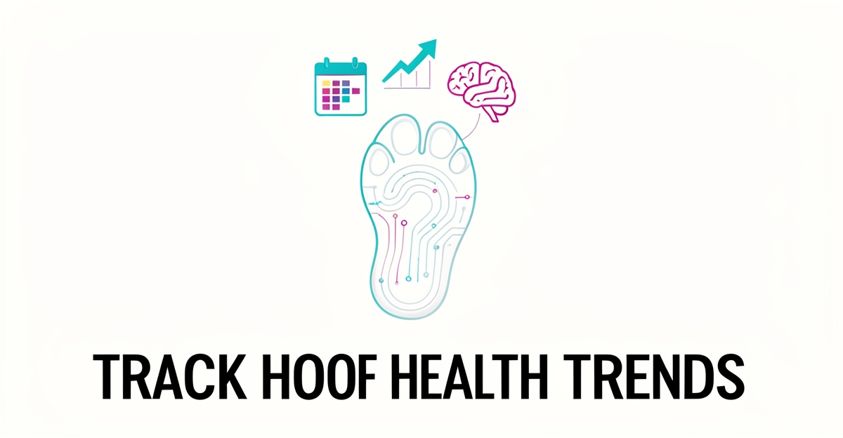 A minimalist flat illustration of a hoof print with data trend lines and AI icons, using brand colors teal and magenta, designed for a farrier website tracking client hoof health.