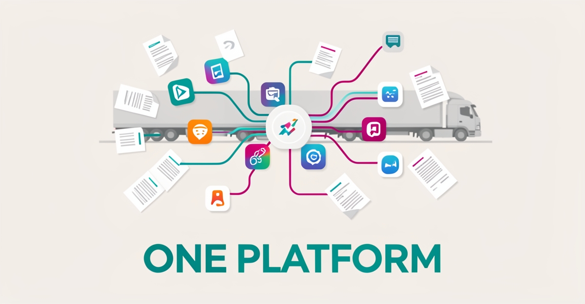 Flat illustration of fragmented fleet management apps converging into one unified digital dashboard with teal and magenta accents.