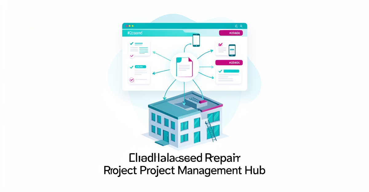 Flat illustration of a cloud dashboard centralizing repair project documents, approvals, and workflows, accented in teal and magenta.