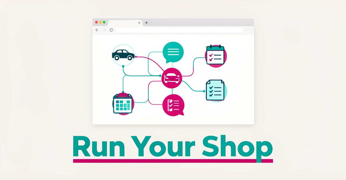 Flat illustration of a website transforming into an automated shop workflow connecting leads, scheduling, and invoicing in teal and magenta.