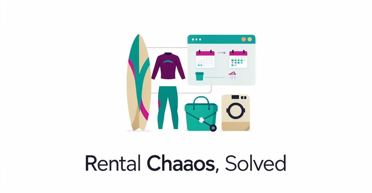 Flat illustration of surf gear connected to a unified rental dashboard in teal and magenta, with headline 'Rental Chaos, Solved'.