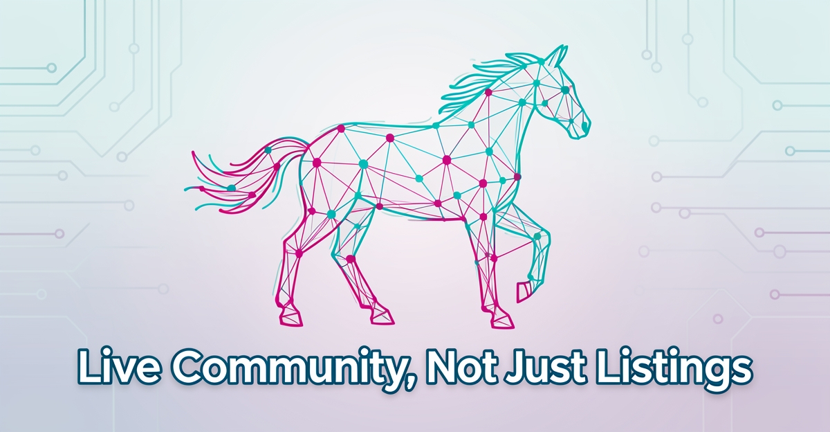 A modern flat illustration of a horse-shaped digital network representing an active equine community platform with live updates and event integration, using brand colors as accents.