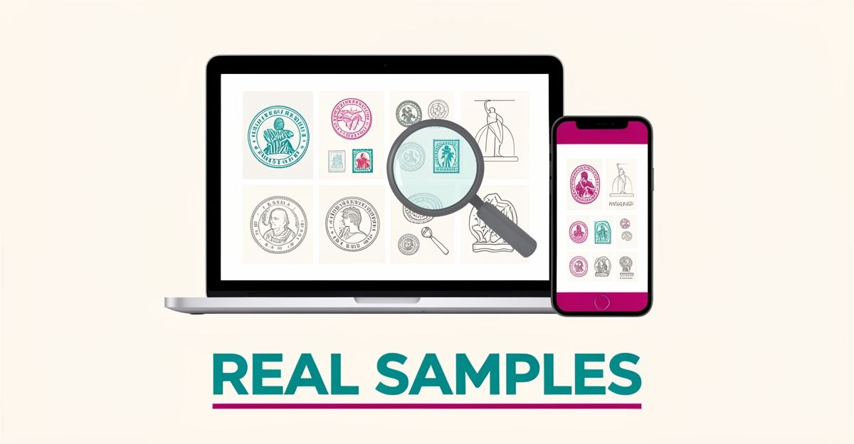 Flat illustration of a laptop and phone showing stamp design samples and sketches with a magnifying glass, teal and magenta accents.