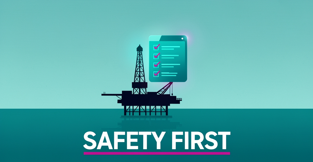 Flat illustration of an offshore drilling rig with a glowing digital safety checklist panel in teal and magenta brand colors.
