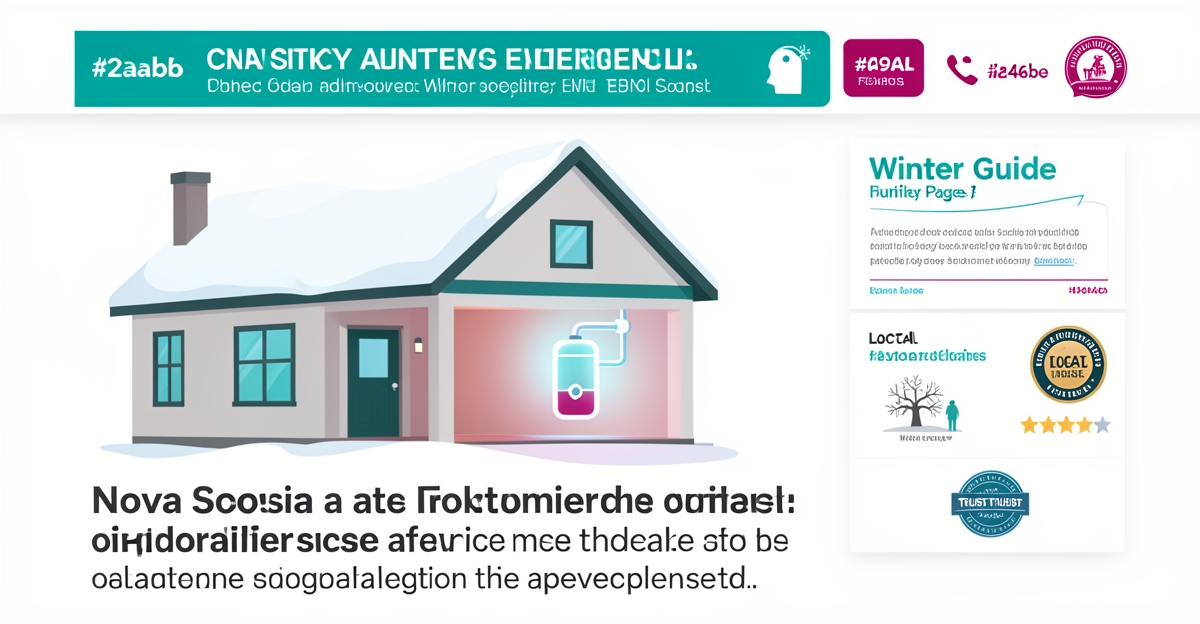 Flat illustration of a Nova Scotia home with water heater and emergency call banner for lead converting website design.