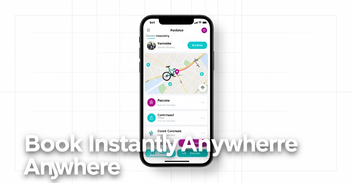 Smartphone showing e-bike rental app with booking, map, and payment features, accented in brand colors, with headline 'Book Instantly Anywhere' in lower third.
