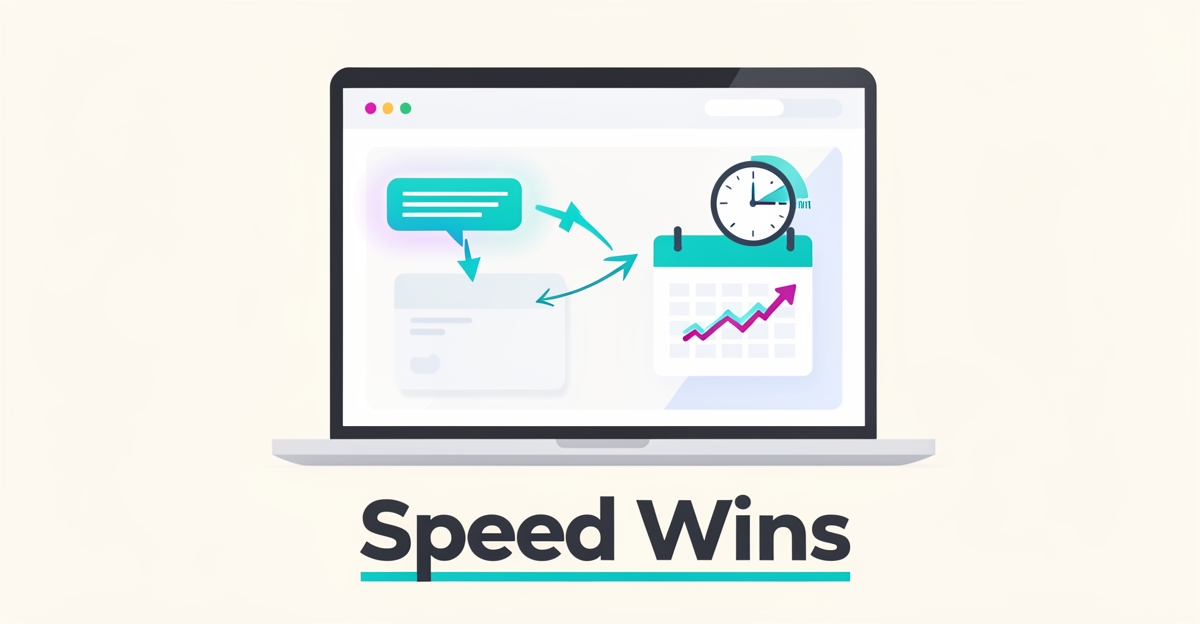Flat illustration of a website instantly responding to a lead with automated booking, accented in teal and magenta.