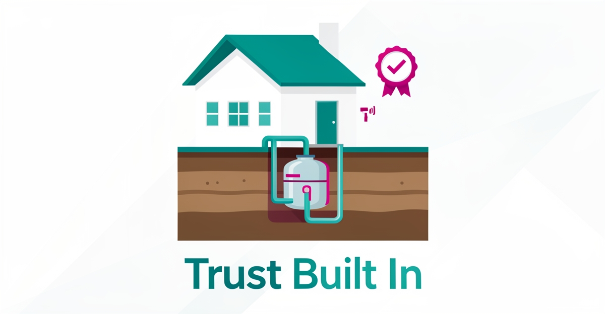 Flat illustration of a house with an underground septic tank and drain field diagram in teal and magenta accents.