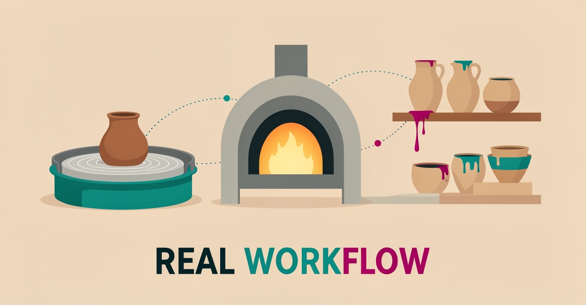 Flat illustration of a pottery studio workflow with wheel, kiln, and finished ceramics accented in teal and magenta, titled Real Workflow.