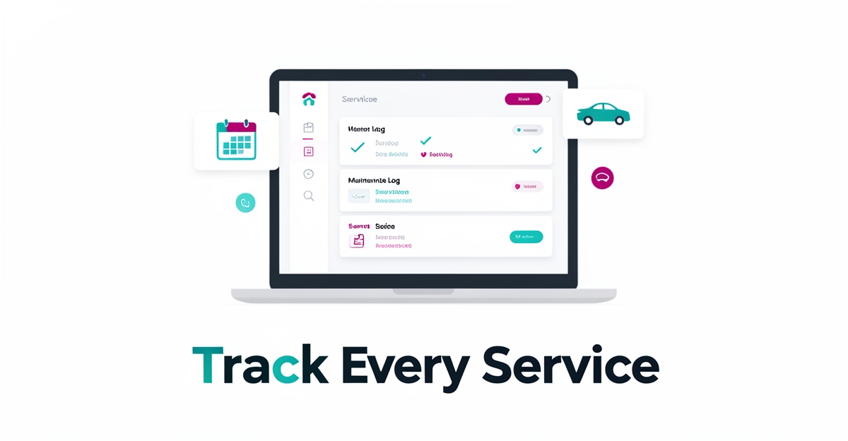 Flat illustration of a laptop dashboard tracking vehicle maintenance history with teal and magenta accents and headline Track Every Service.