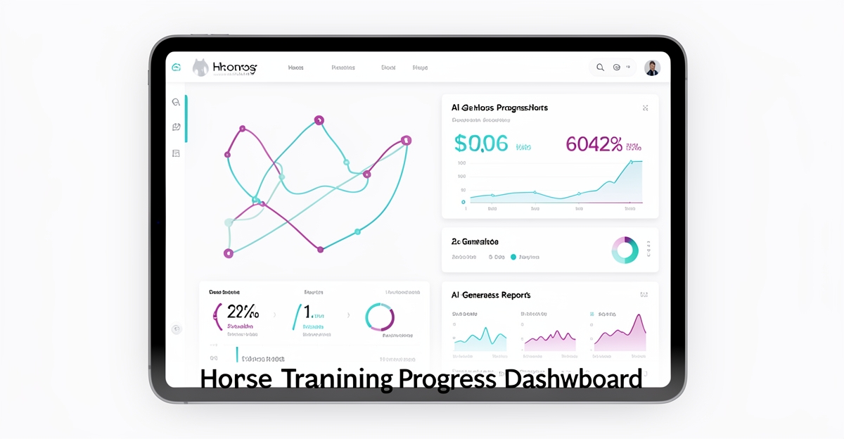 A minimalist flat illustration of a horse training progress dashboard on a tablet, featuring GPS paths, health data, and AI reports with brand color accents, displaying the headline 'Track Progress Smarter' in the lower third.