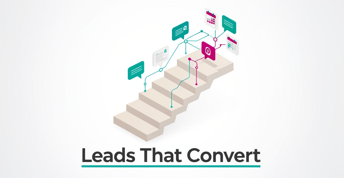 Flat illustration of a staircase merging into AI chat and scheduling icons, symbolizing AI-driven websites converting stair installation leads.