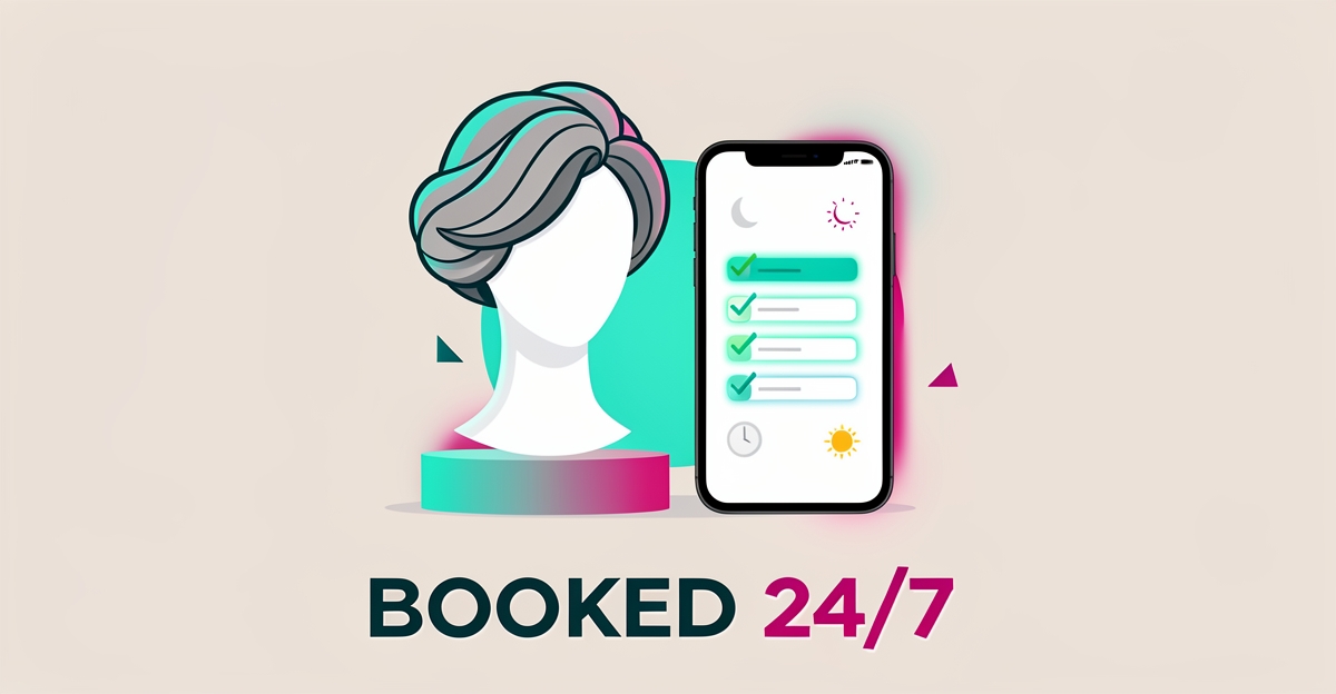 Flat illustration of a wig on a mannequin beside a smartphone with a 24/7 booking calendar in teal and magenta.