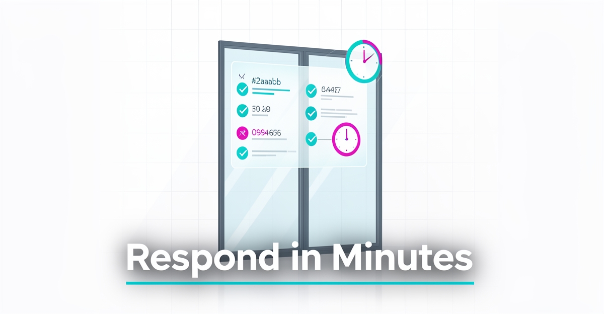 A modern flat illustration of a glass window with AI quote data floating above it, emphasizing fast response times for glass industry auto-quote websites.