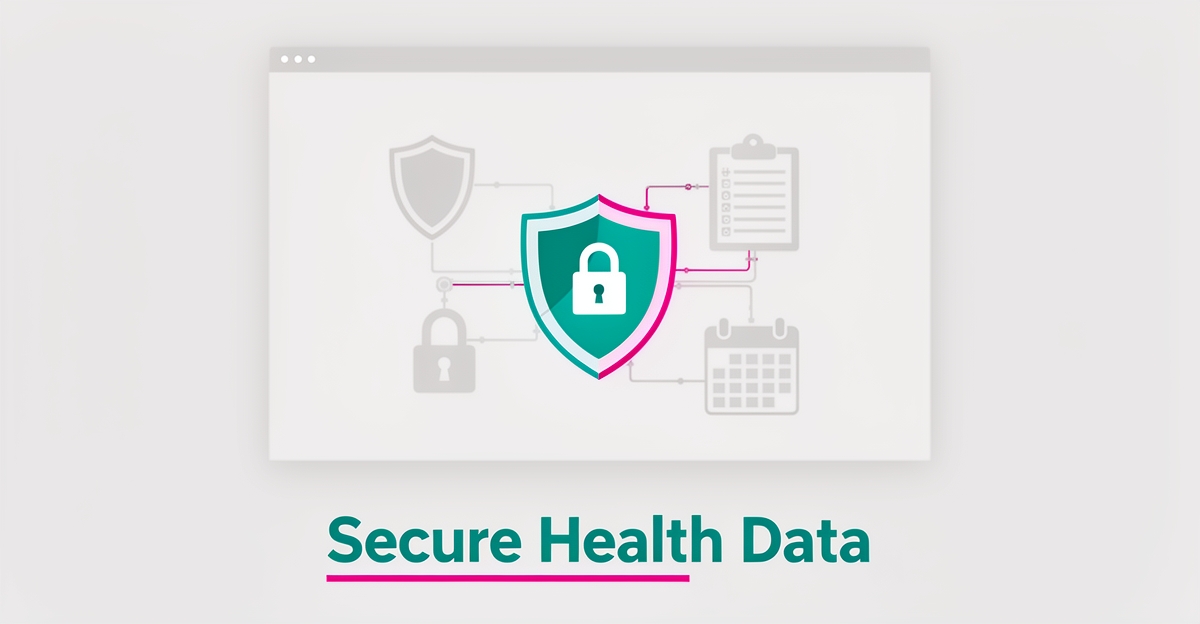 Flat illustration of a shield and lock over a website browser window representing HIPAA-compliant healthcare website security.