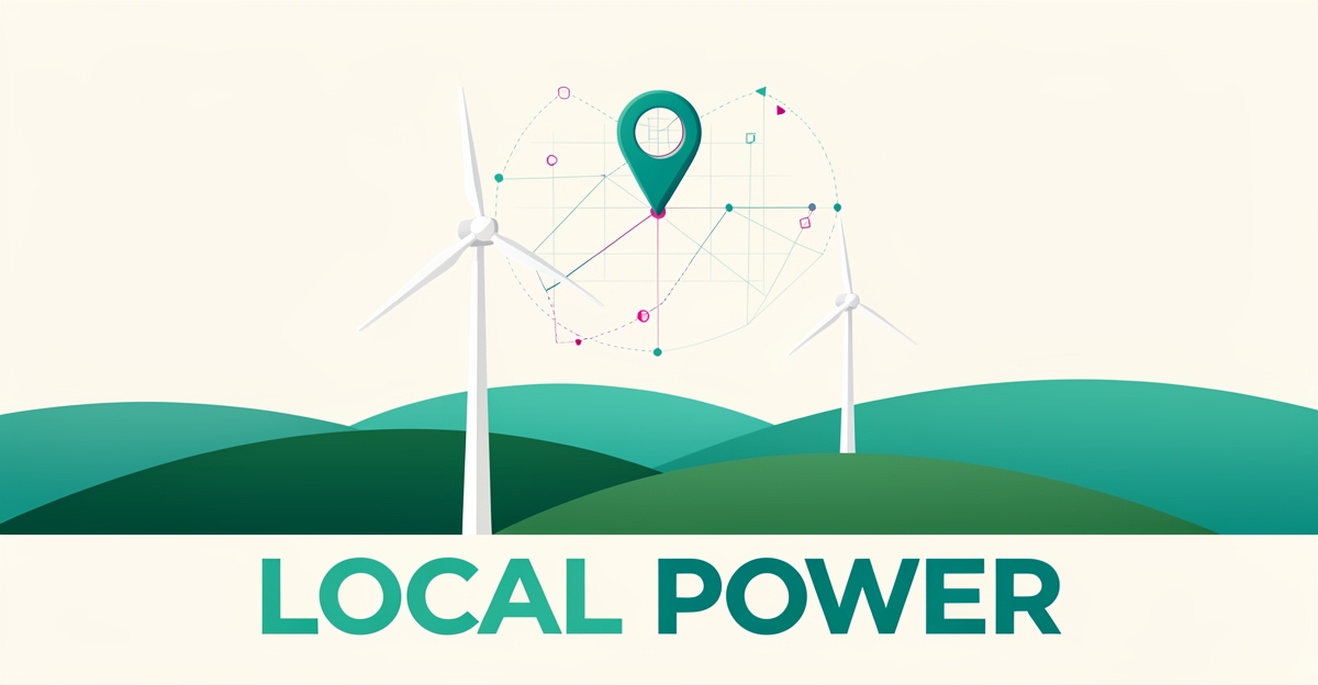 Flat illustration of wind turbines with geo-tagged map pins and data nodes, symbolizing local SEO for wind energy services.