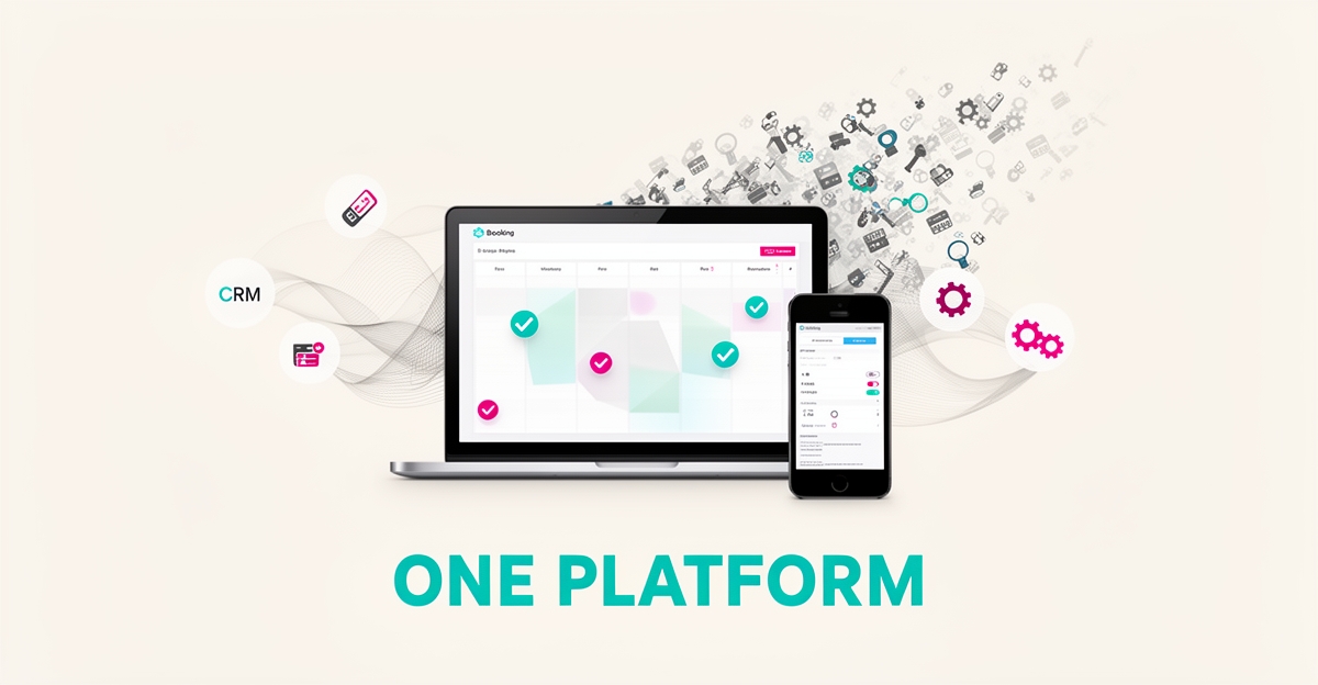 Flat illustration of a laptop and phone showing a unified booking calendar connected to CRM, payments, and automation icons in teal and magenta accents.